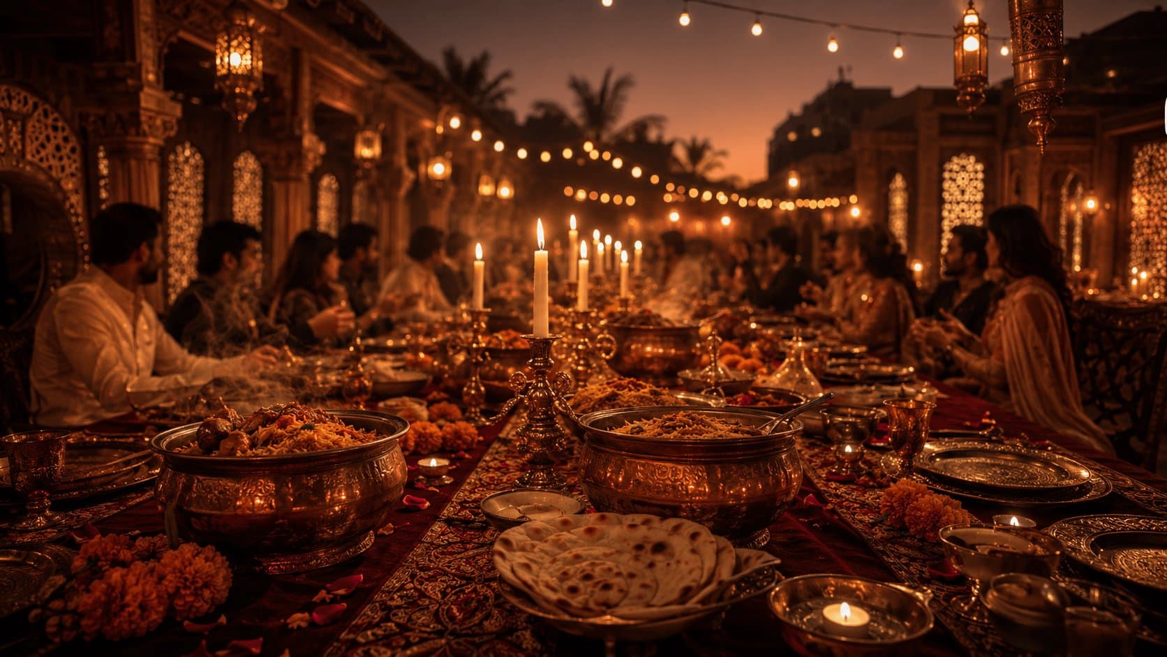 A warm group dinner moment around a Poet table, candlelight and shared dishes