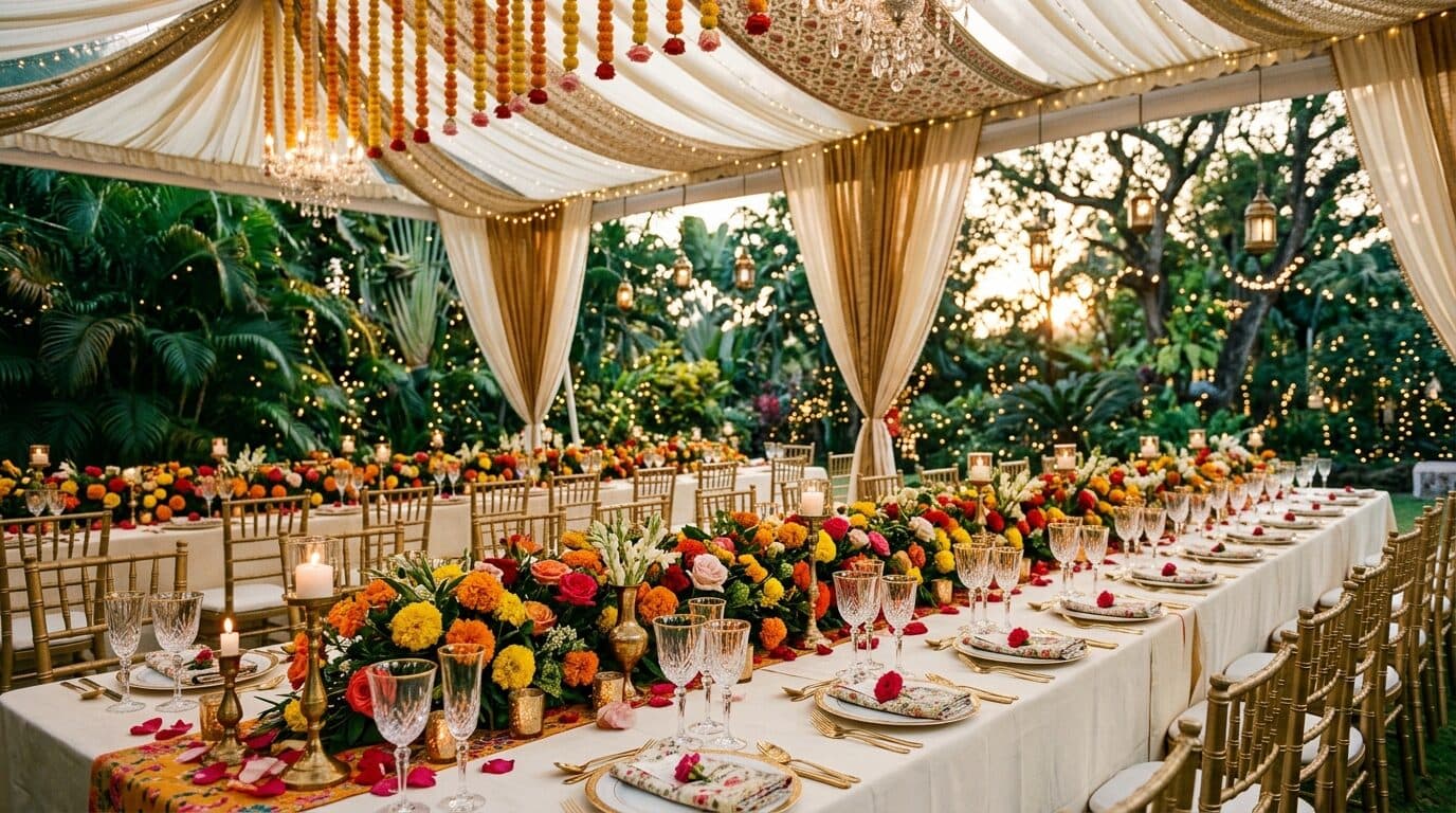 Poet event décor: a draped marquee with marigold and rose table styling, gold chairs and warm fairy lights at golden hour