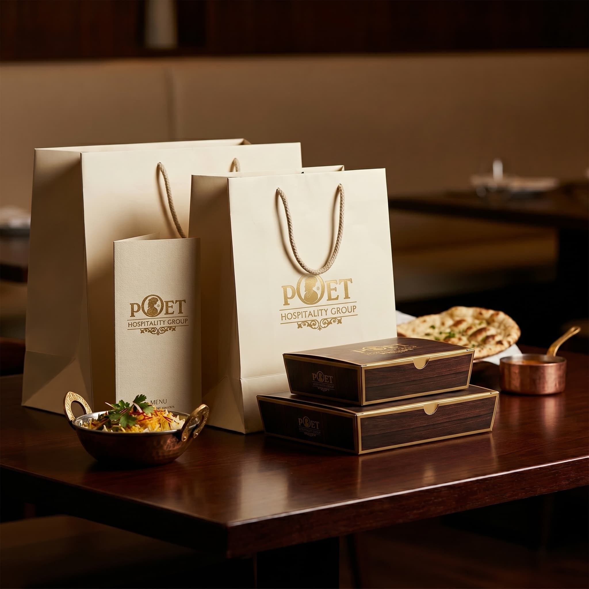 Poet Kitchen takeaway packaging on a warm wooden surface