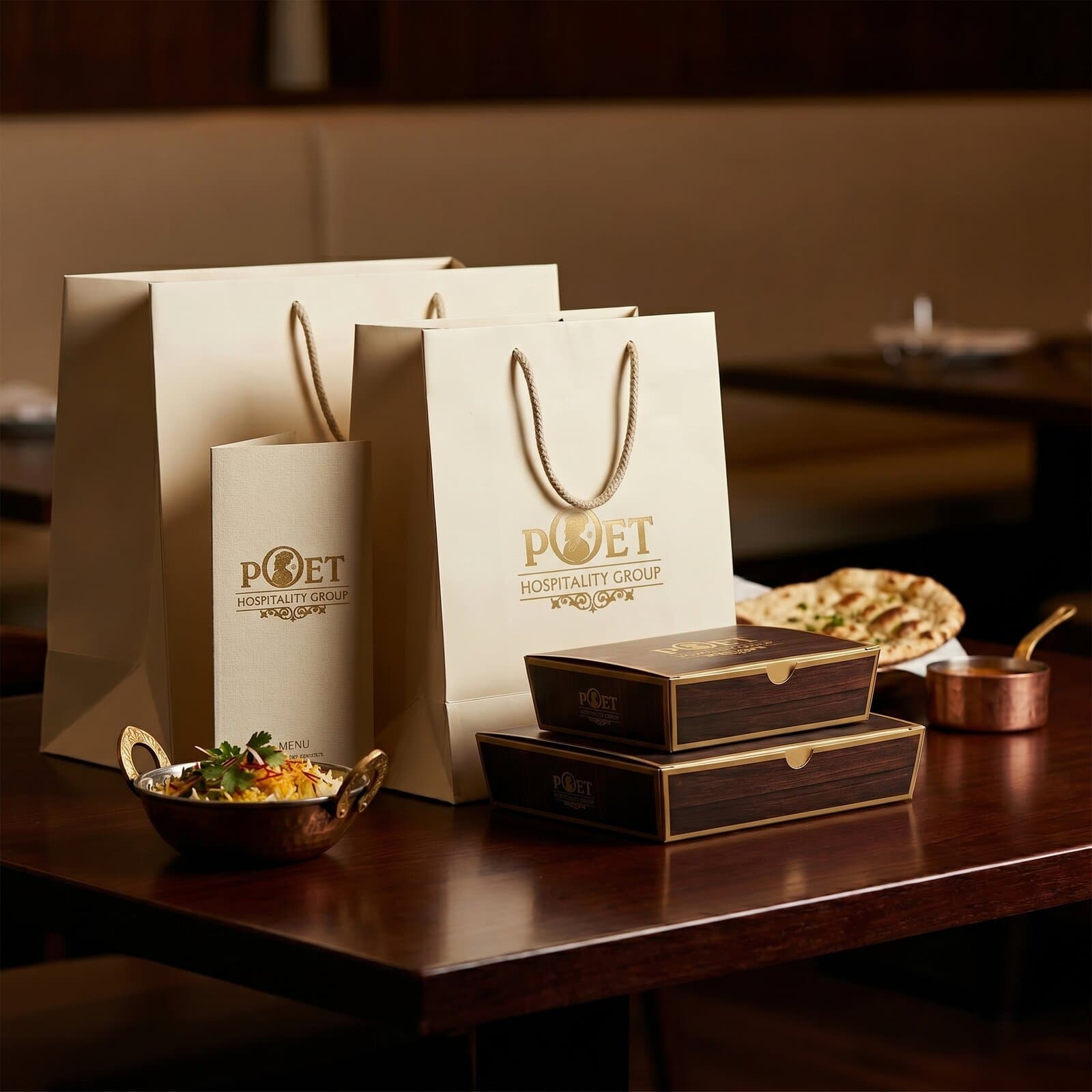 Editorial photograph of Poet takeaway packaging on a warm wooden surface