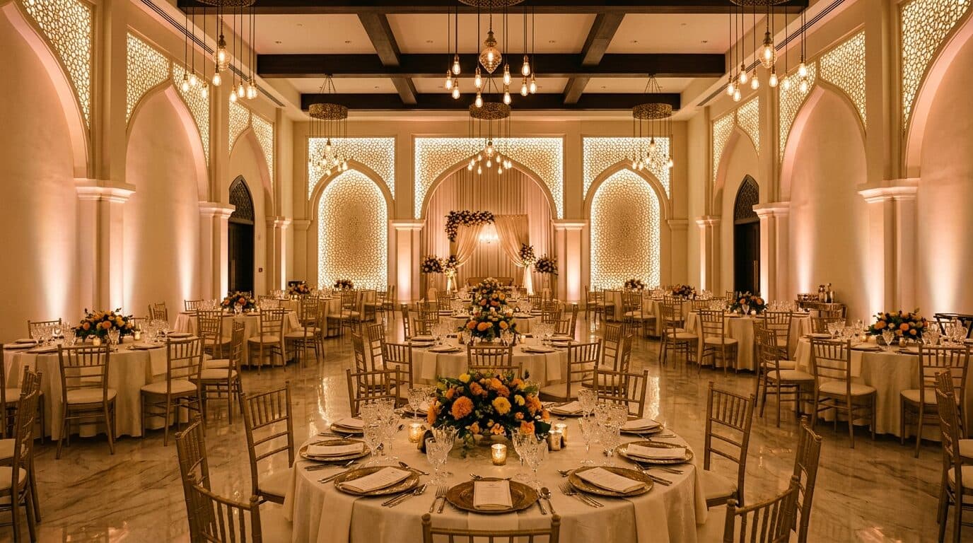 Corporate event setup at Al Shafi Farmhouse, executive seating and stage