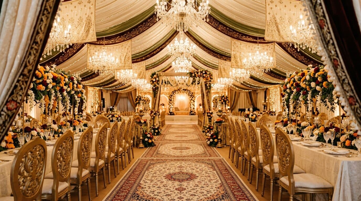 Opulent wedding marquee interior with chandeliers, white drapery and floral arrangements