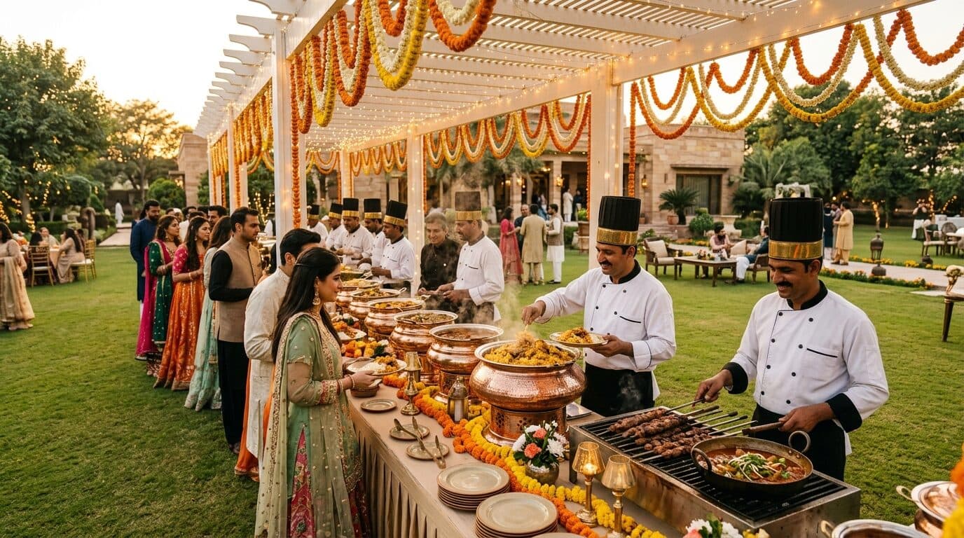 Live outdoor catering setup with chefs in whites and brass serveware on a buffet line
